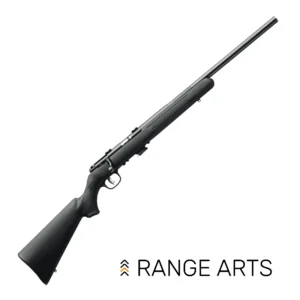 Savage MKII FV .22 LR bolt-action rifle with heavy blued barrel and black synthetic stock, side view on white background at Range Arts.